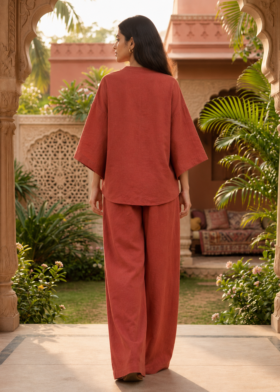 Rust Terracotta Linen Angrakha Co-ord Set