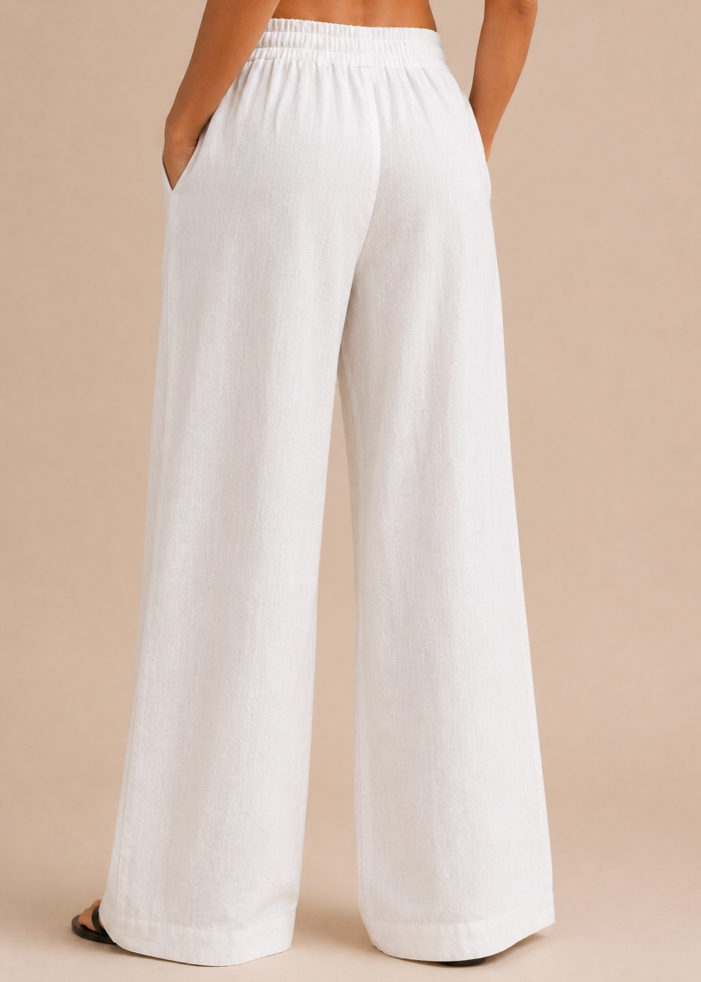 White Linen-Blend Wide Leg Trousers