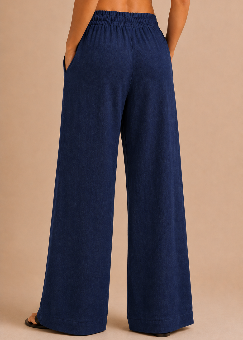 Navy Blue Linen-Blend Wide Leg Trousers
