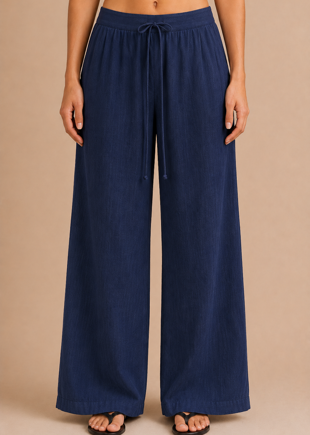 Navy Blue Linen-Blend Wide Leg Trousers