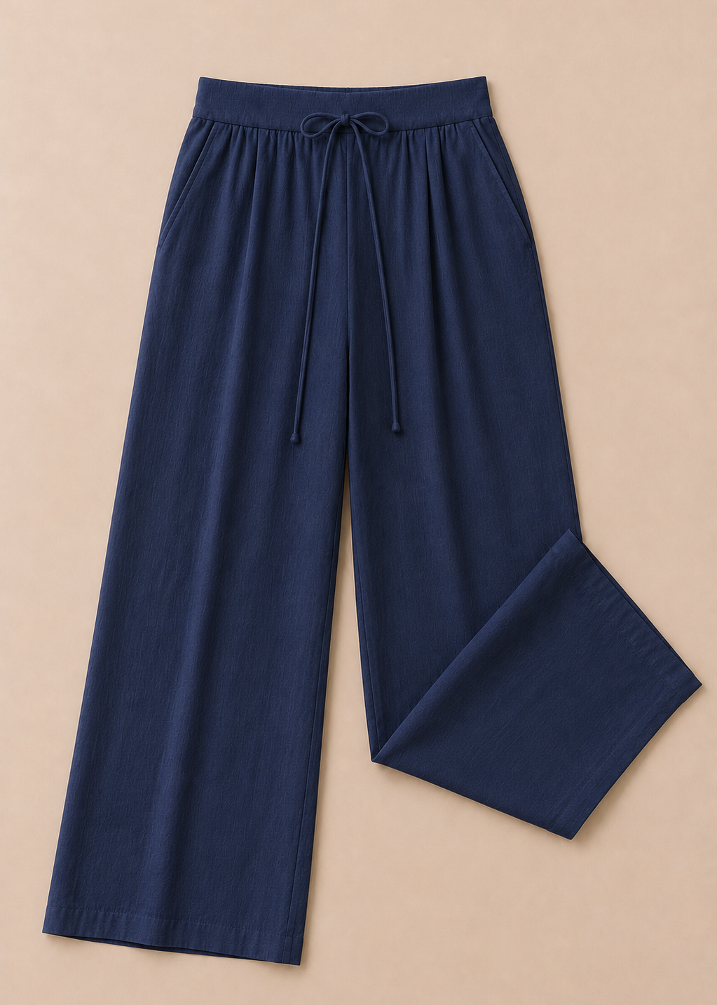 Navy Blue Linen-Blend Wide Leg Trousers