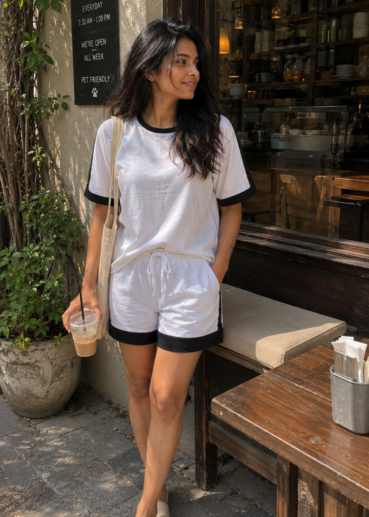 White & Black Contrast Cotton Co-Ord Set