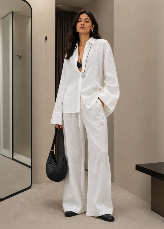 White Cotton Flex Linen-Blend Co-ord Set