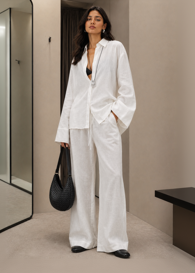 White Linen-Blend Wide Leg Trousers
