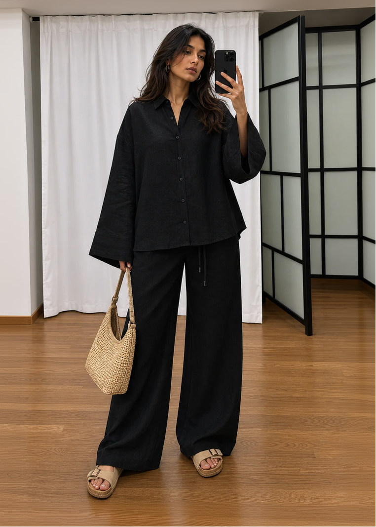 Black Linen-Blend Wide Leg Trousers