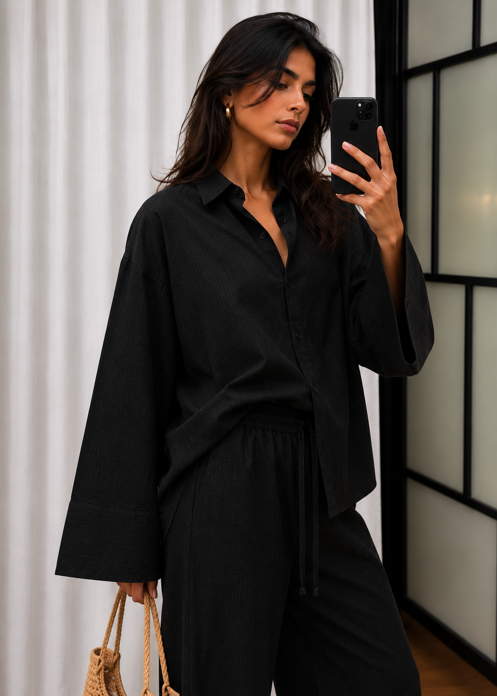 Black Cotton Flex Linen-Blend Co-ord Set