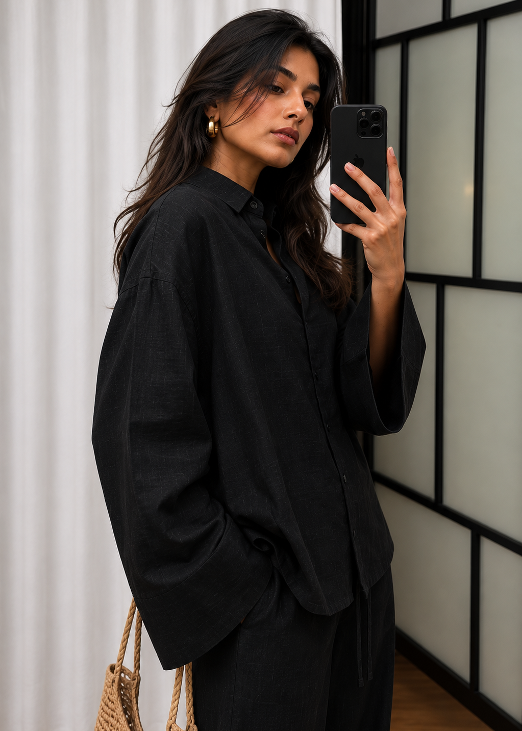 Black Cotton Flex Linen-Blend Co-ord Set