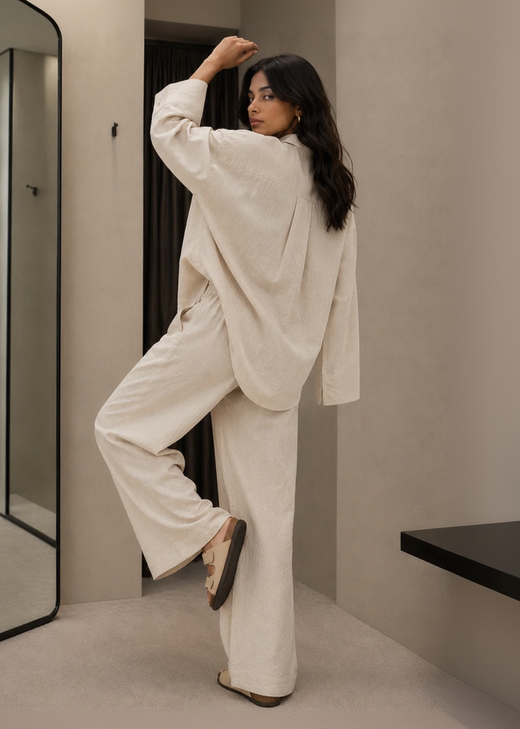 Beige Linen-Blend Wide Leg Trousers