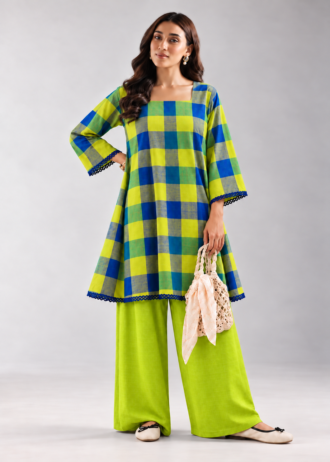 Lime Khana Check Wide-Leg Co-ord Set