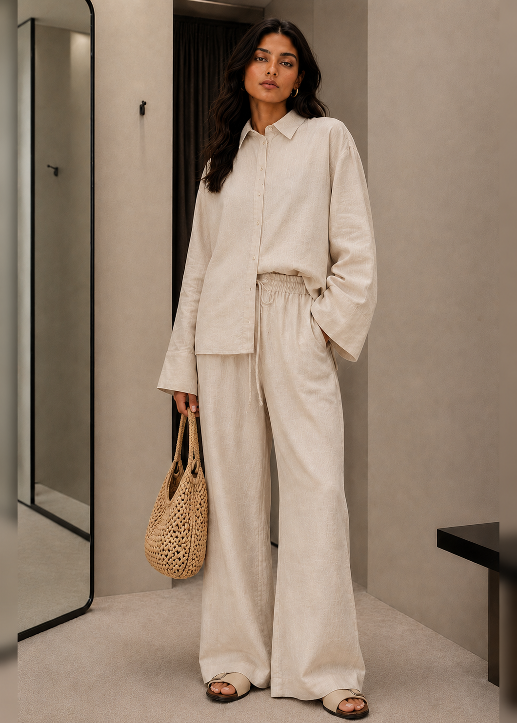 Beige Linen-Blend Co-ord Set