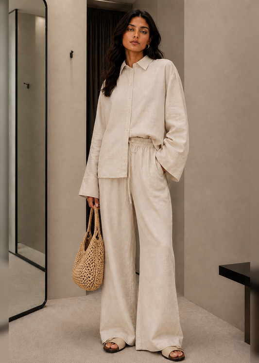 Beige Linen-Blend Co-ord Set