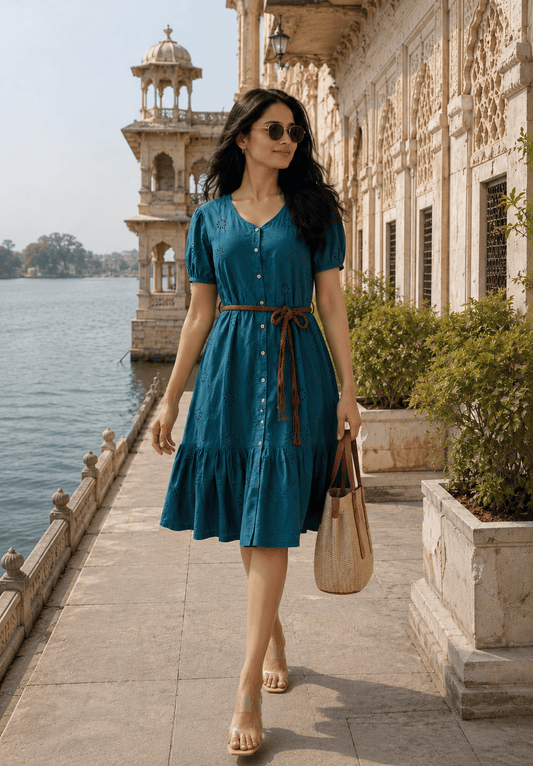 Teal Schiffli Button Midi Dress (Belt included)