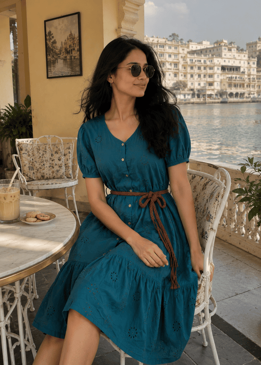 Teal Schiffli Button Midi Dress (Belt included)
