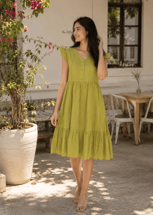 Green Schiffli Flutter Midi Dress