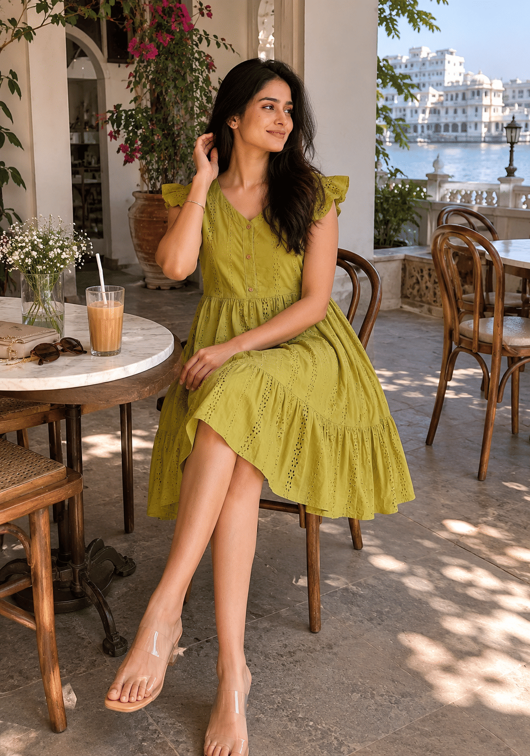 Green Schiffli Flutter Midi Dress