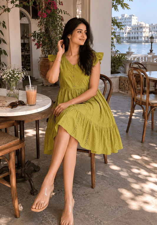 Green Schiffli Flutter Midi Dress