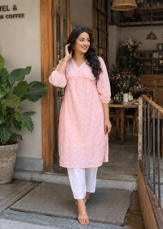 Pink Schiffli Cotton Straight Comfort Kurti
