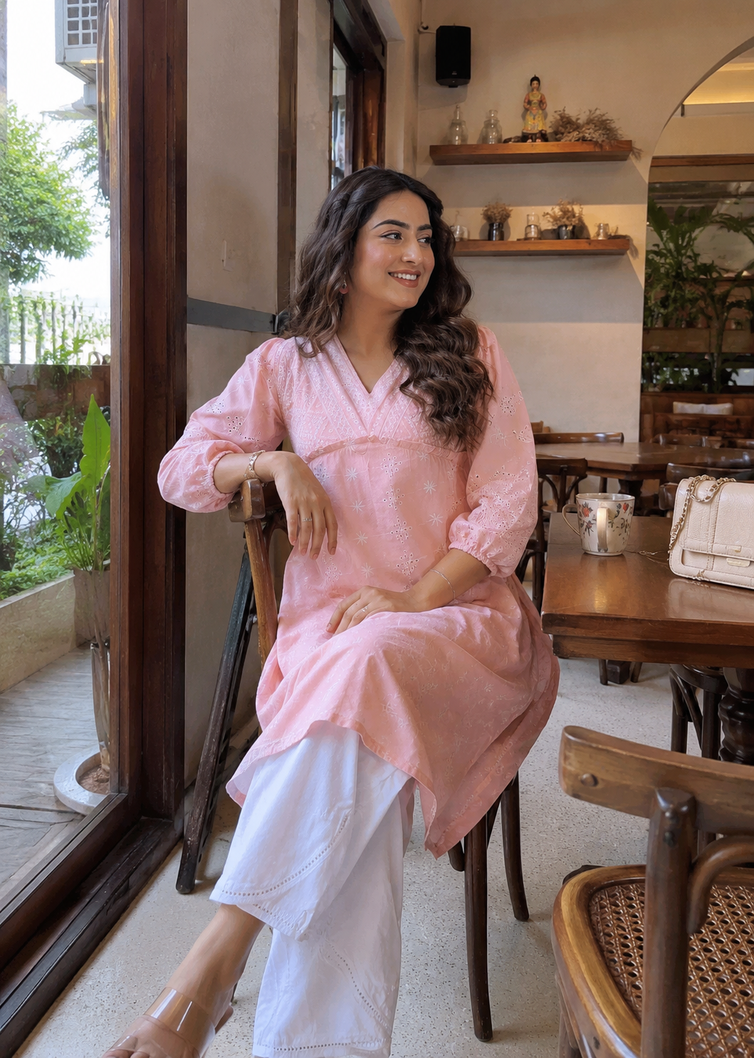 Pink Schiffli Cotton Straight Comfort Kurti