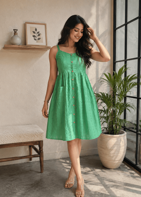 Green Cotton A-Line Dress
