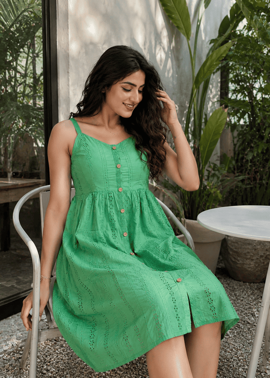 Green Cotton A-Line Dress