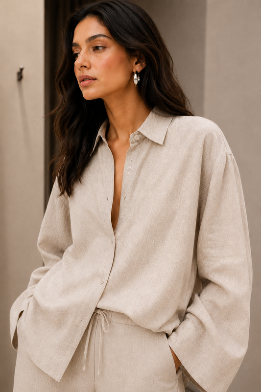 Beige Cotton Flex Linen-Blend Co-ord Set