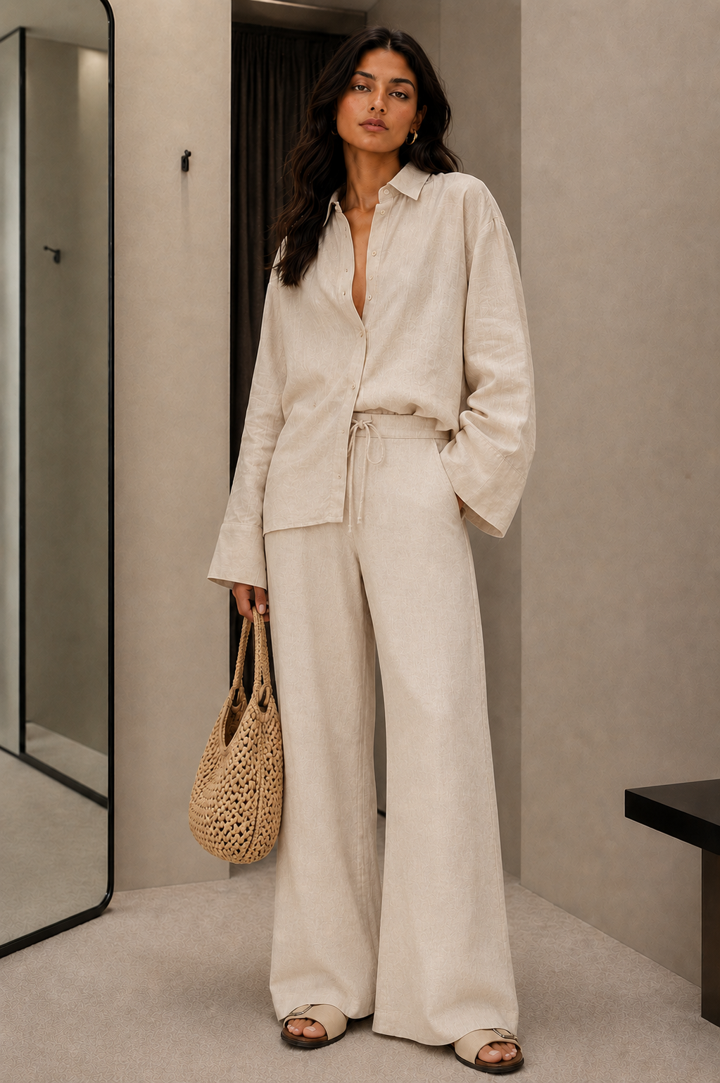Beige Cotton Flex Linen-Blend Co-ord Set