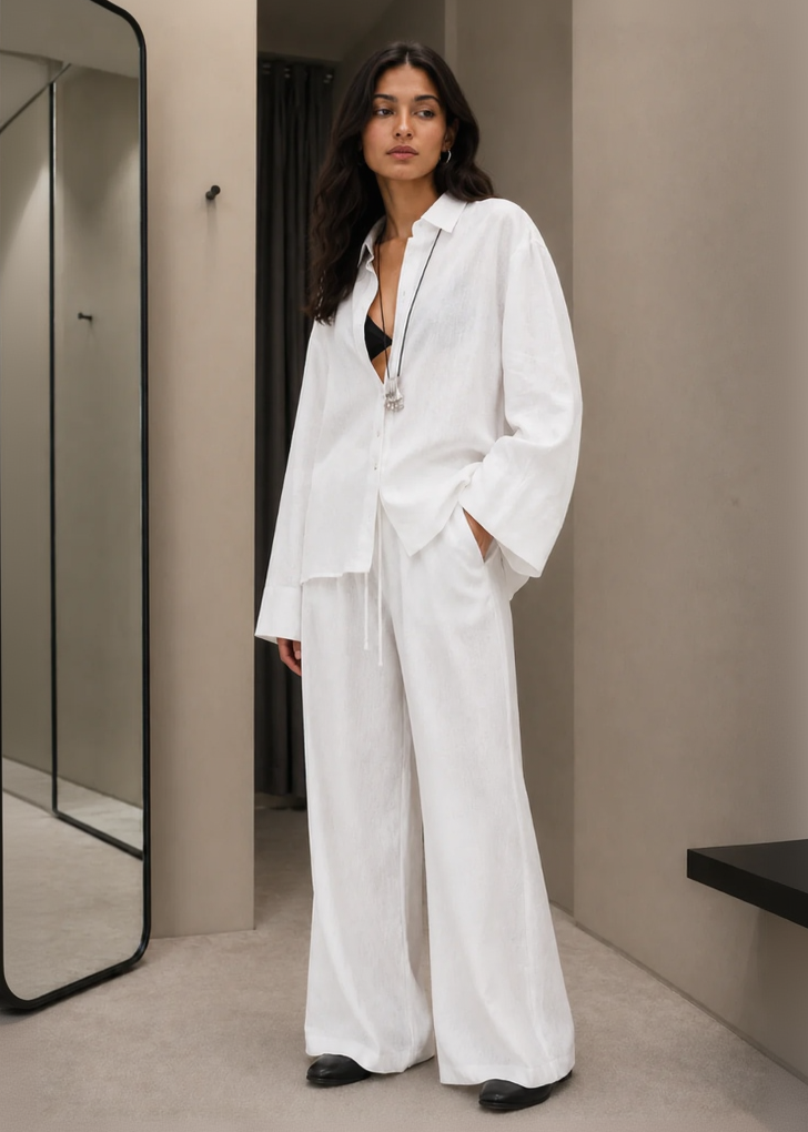 White Cotton Flex Linen-Blend Co-ord Set
