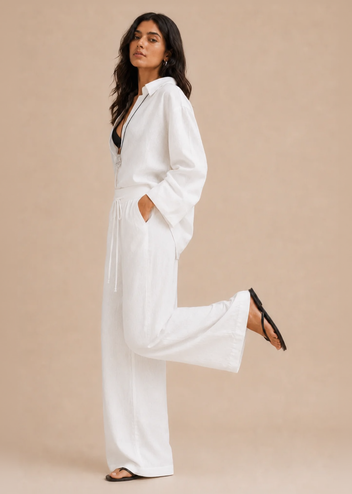 White Linen-Blend Wide Leg Trousers