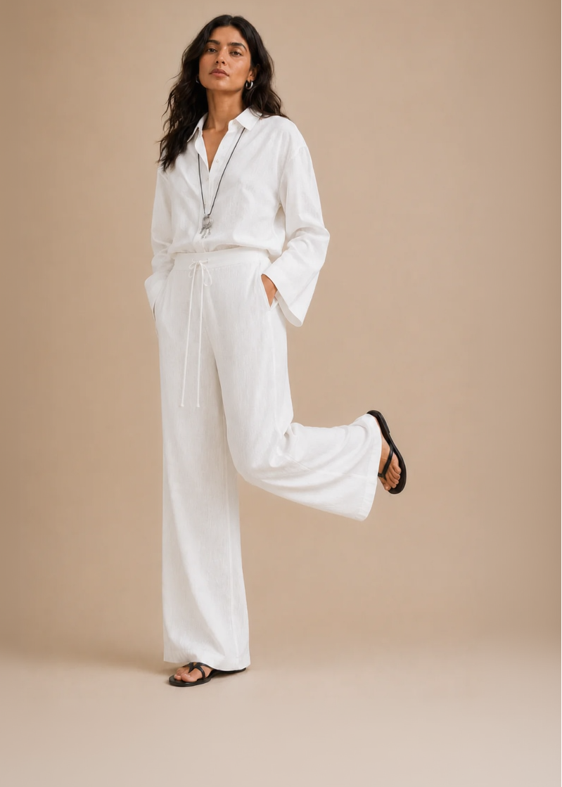 White Linen-Blend Wide Leg Trousers