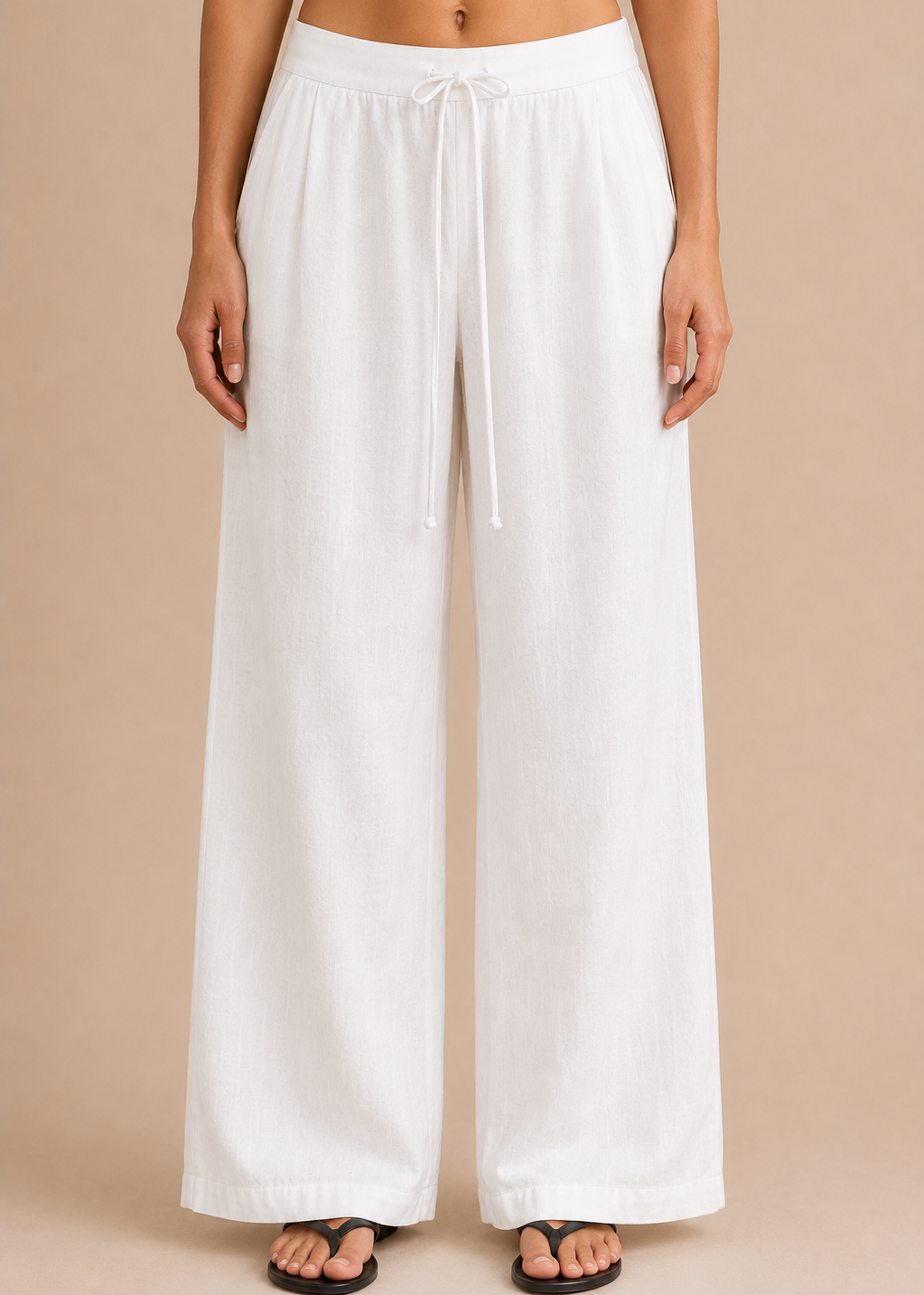 White Linen-Blend Wide Leg Trousers