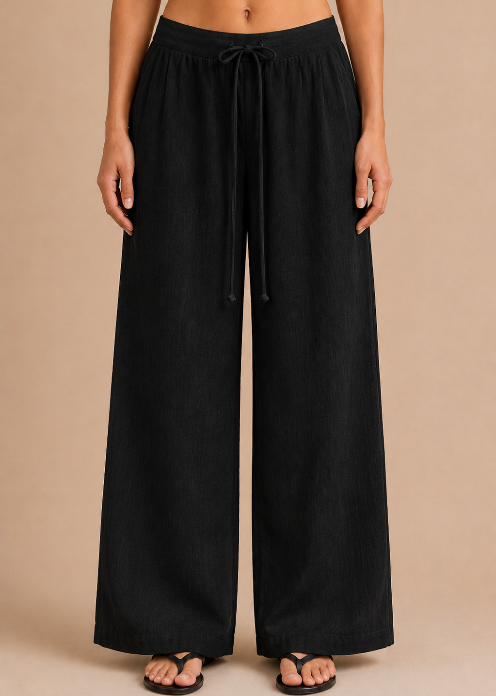 Black Linen-Blend Wide Leg Trousers