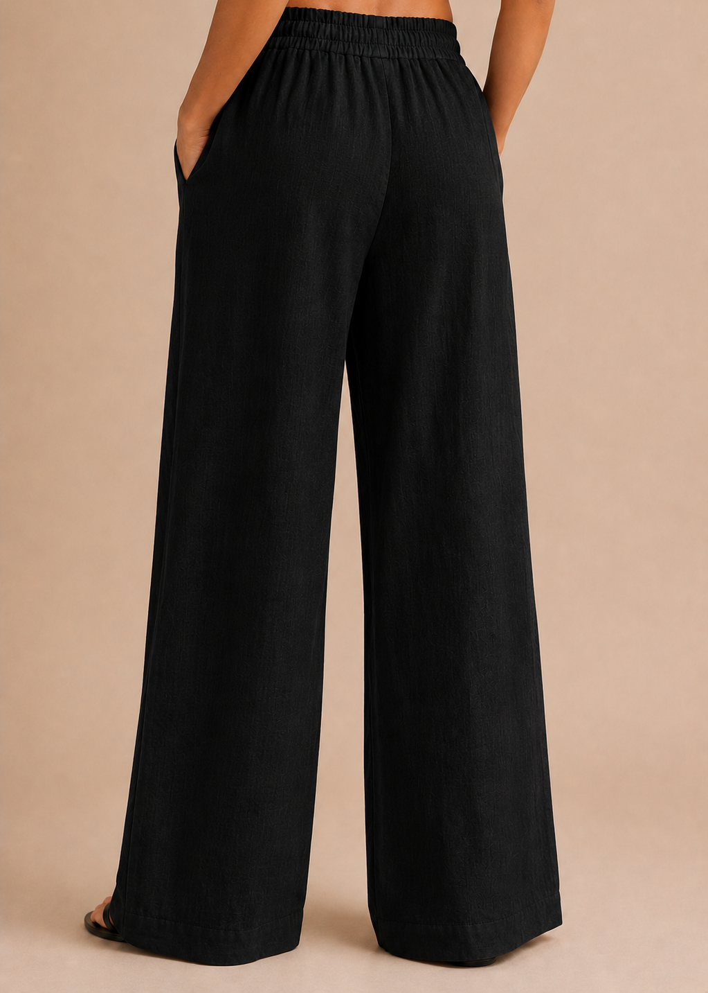 Black Linen-Blend Wide Leg Trousers