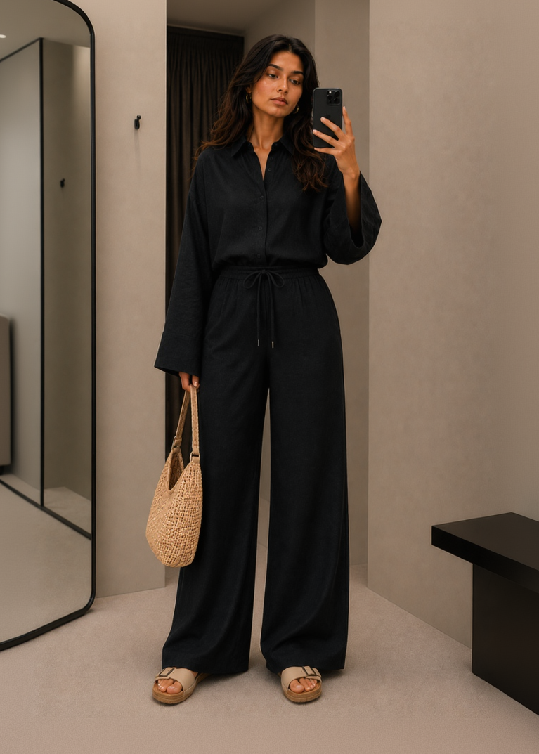 Black Linen-Blend Wide Leg Trousers