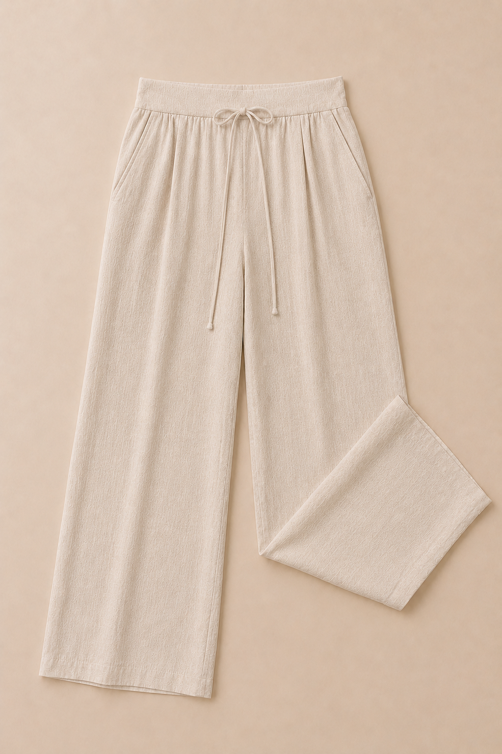 Beige Linen-Blend Wide Leg Trousers