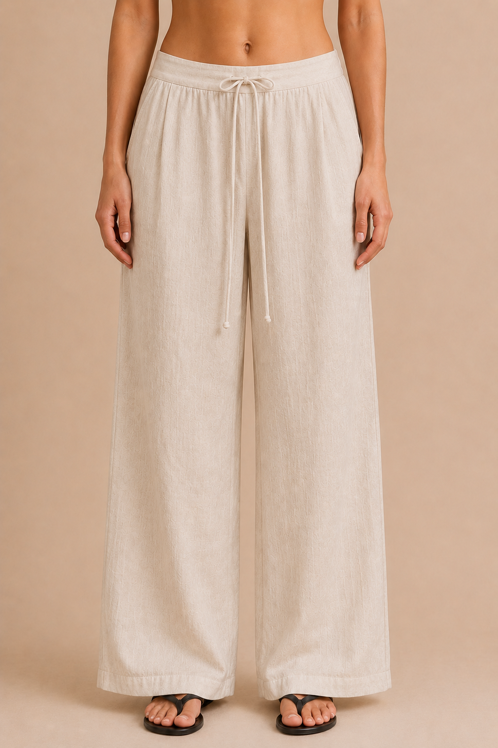Beige Linen-Blend Wide Leg Trousers