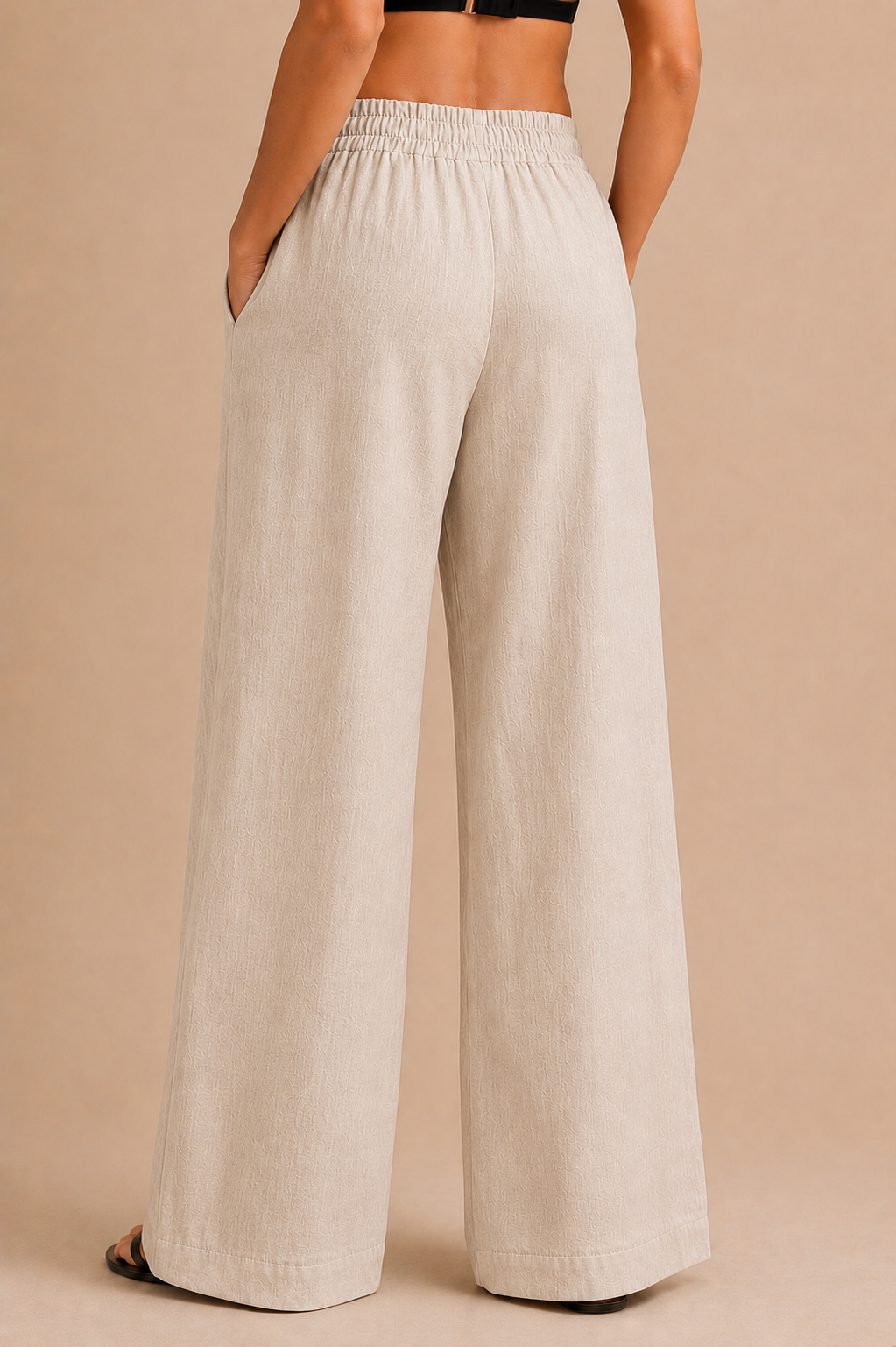 Beige Linen-Blend Wide Leg Trousers