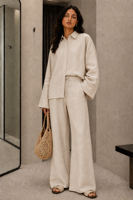 Beige Cotton Flex Linen-Blend Co-ord Set