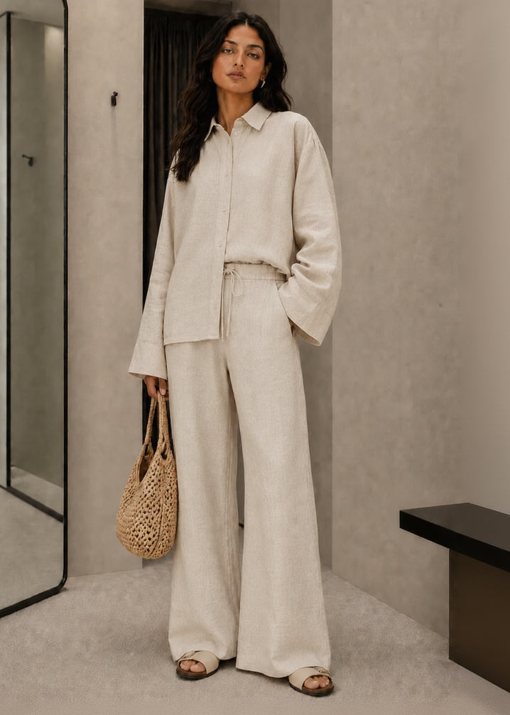 Beige Linen-Blend Wide Leg Trousers