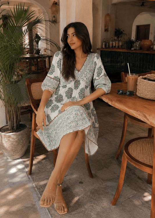 Sage Paisley Printed Tiered Mini Dress