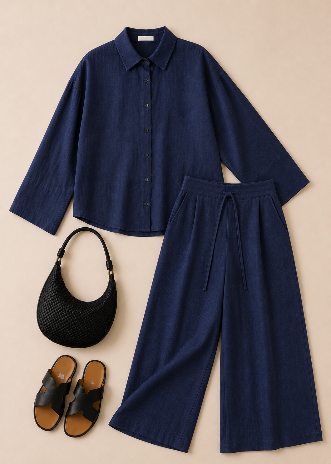 Navy Blue Cotton Flex Linen-Blend Co-ord Set