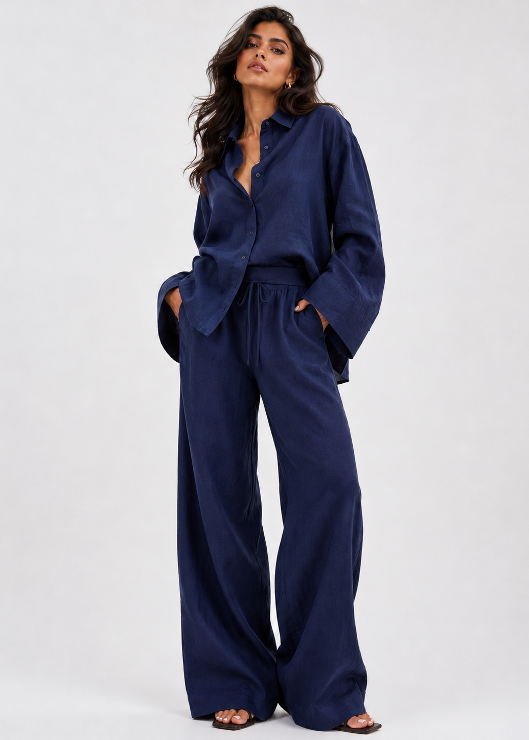 Navy Blue Cotton Flex Linen-Blend Co-ord Set