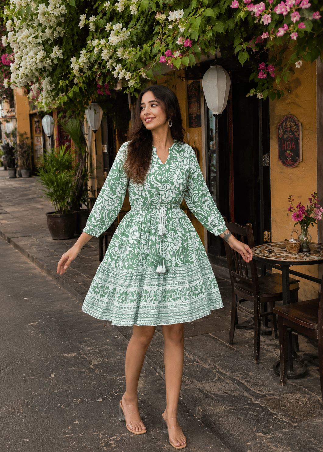 Green Printed Floral Cotton Short Dress