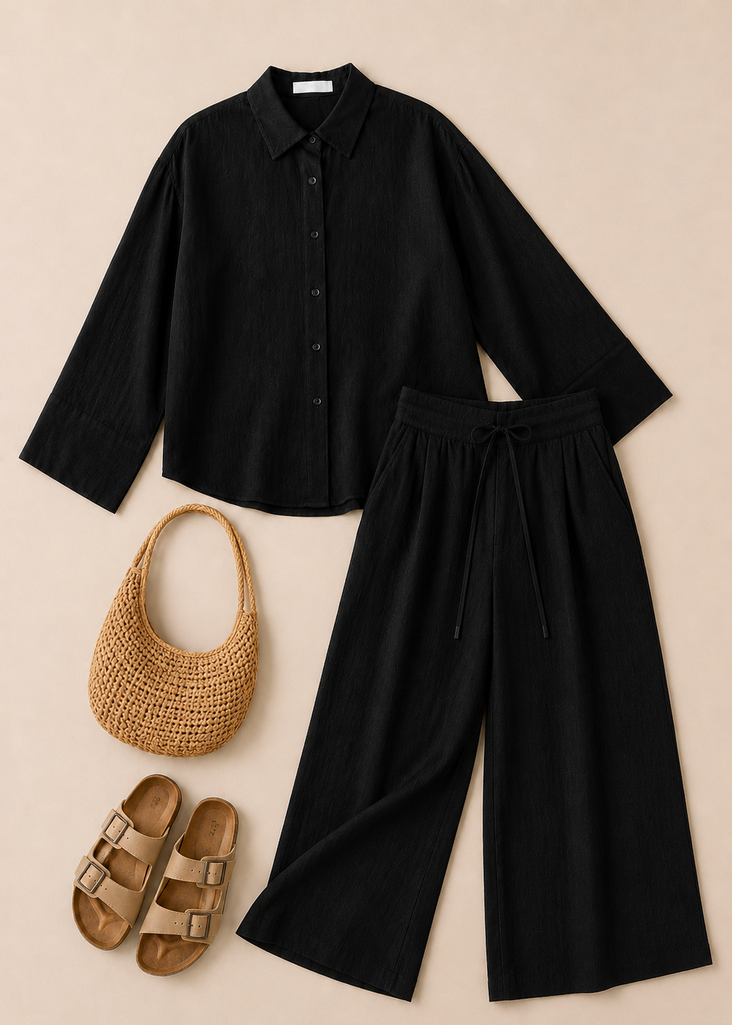 Black Cotton Flex Linen-Blend Co-ord Set