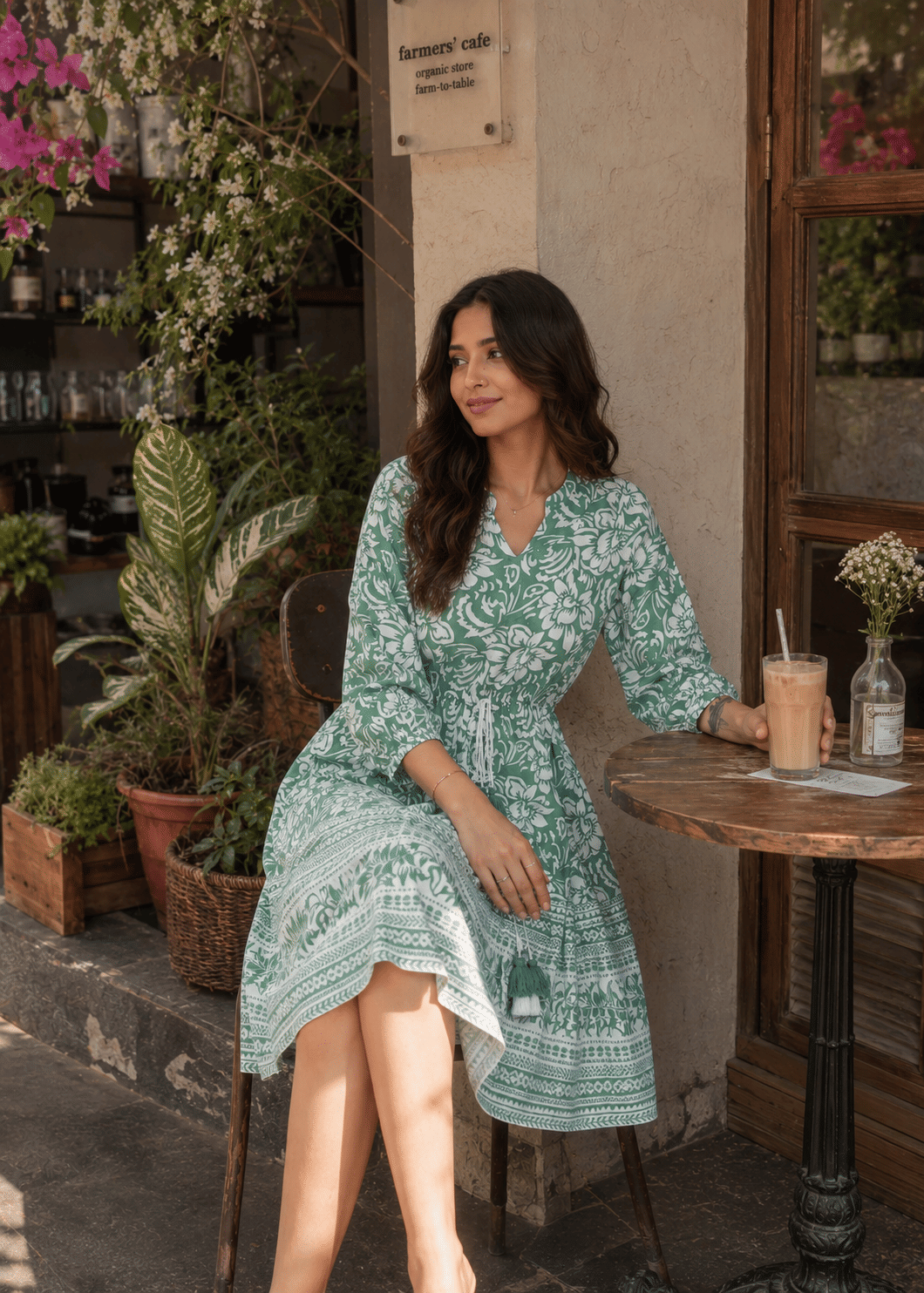 Green Printed Floral Cotton Short Dress