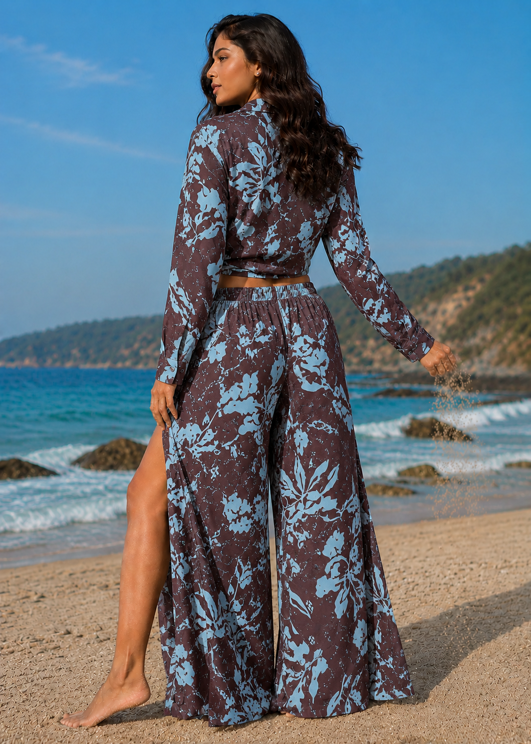 Mocha Blue Tropical Tie-Up Co-Ord Set