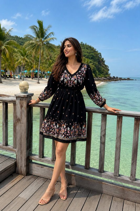 Black Floral Printed Short Dress