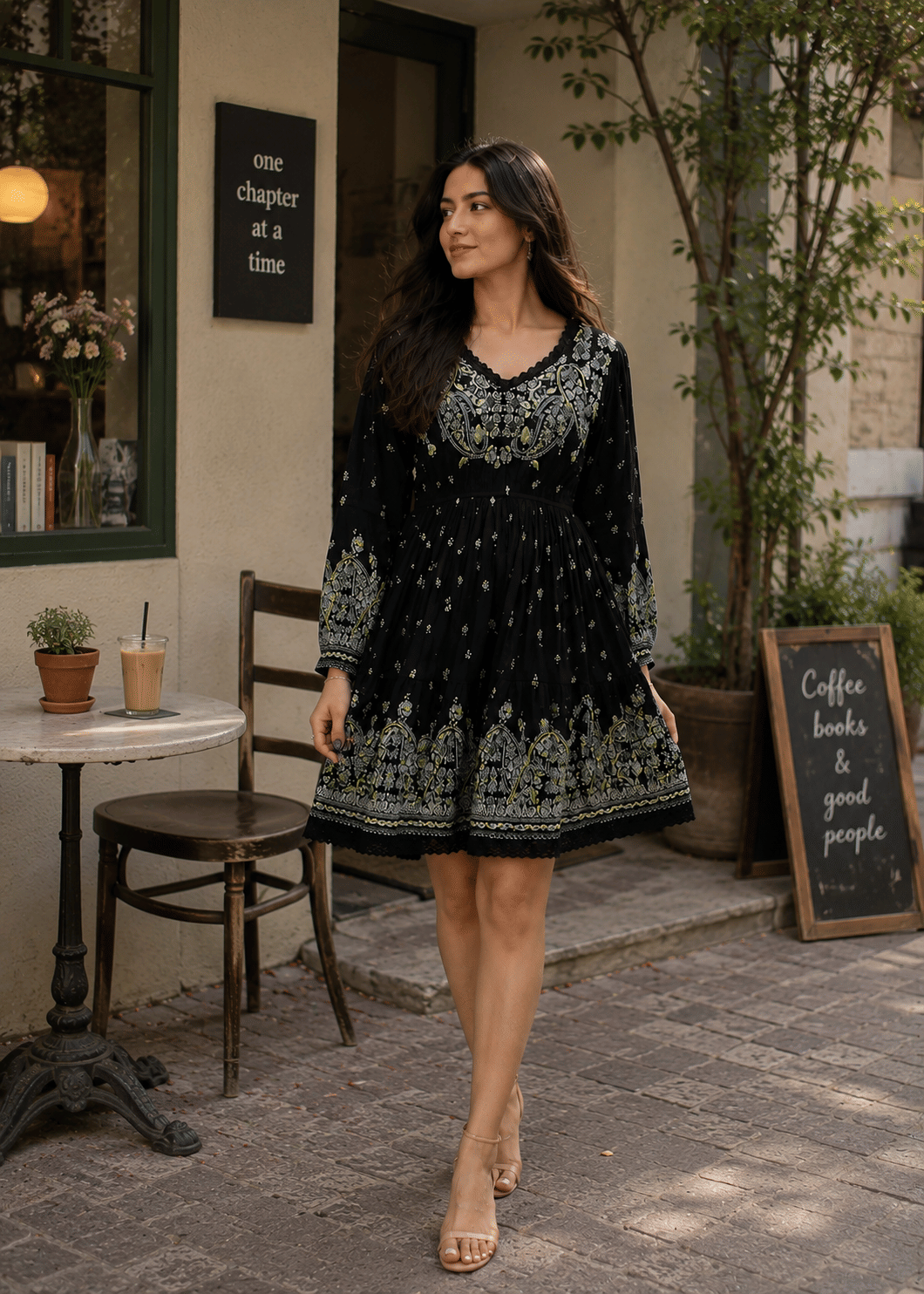 Black Printed Fit and Flare Short Dress