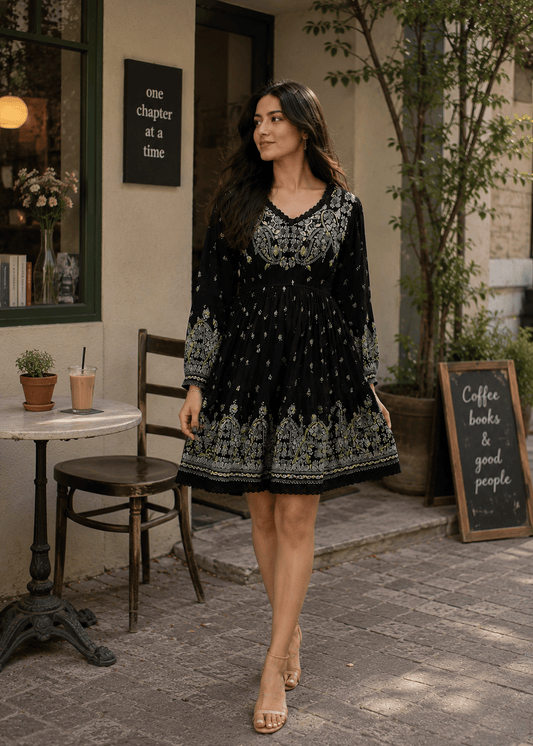 Black Printed Fit and Flare Short Dress