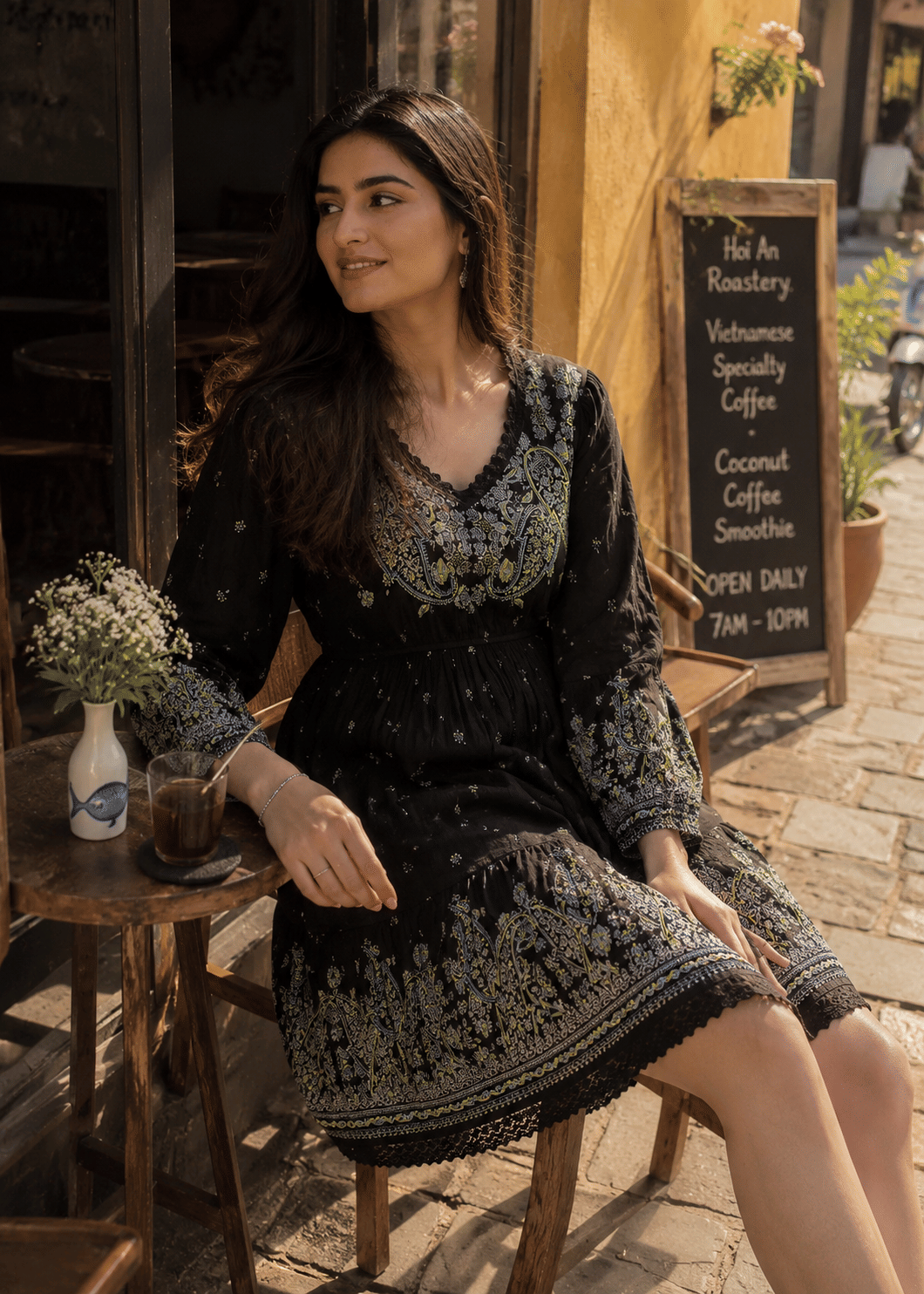 Black Printed Fit and Flare Short Dress