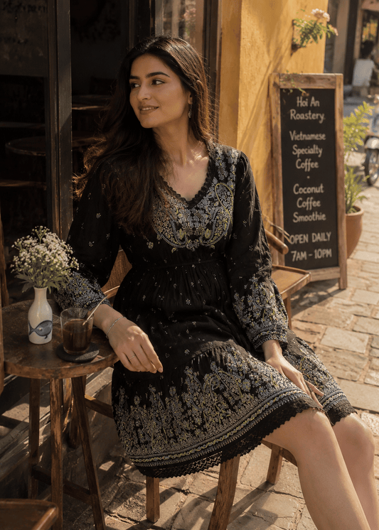 Black Printed Fit and Flare Short Dress